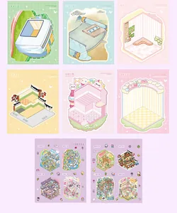 Detail pages of 3D miniature landscape sticker book with cute cartoon cottage scenes