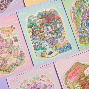 Miniature landscape sticker book with 3D cottage themes for kids journaling