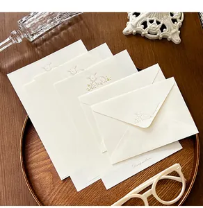 Close-up of gentle stationery set with lamb illustration and textured letter paper
