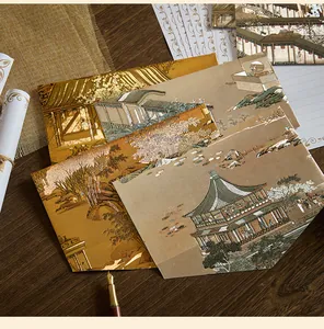 Detail view of Qingming Festival style stationery set with vintage Chinese landscape art