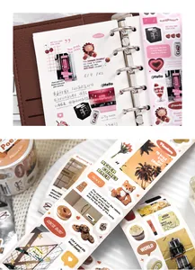 Detail view of decorative washi tape and stickers for DIY journaling and creative scrapbooking