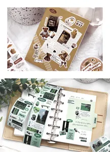 Close-up of green and brown theme scrapbooking stickers and washi tapes on a planner