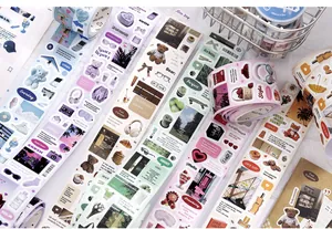 Detailed view of assorted colorful molded washi tape strips for scrapbooking DIY