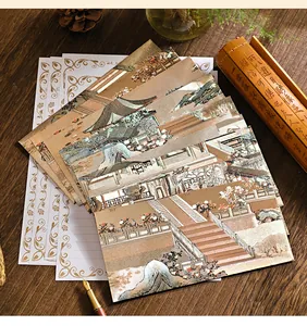 Traditional Chinese landscape stationery set with gold-stamped envelopes and paper