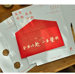Detailed view of red envelope with gold foil motivational Chinese text and stationery