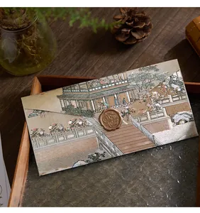 Detail of vintage style envelope with traditional Chinese painting and wax seal