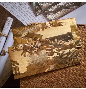 Detail of elegant envelopes with traditional Chinese landscape painting in golden texture.