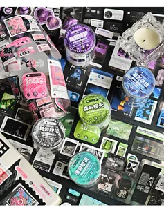 A variety of colorful aesthetic UI theme scrapbooking sticker tapes arranged on a table.