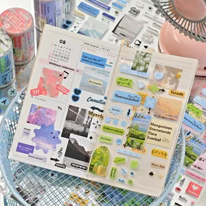 Aesthetic scrapbooking stickers and die-cut tape set for creative DIY journal decoration.