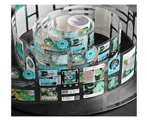 Detailed view of transparent PET die-cut tape featuring teal UI and music player designs