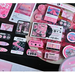 Close-up detail of aesthetic pink misty interface stickers for DIY journaling and scrapbooking decoration