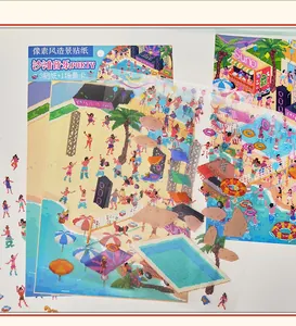 Detailed macro view of pixel art beach music party stickers with a scene background card