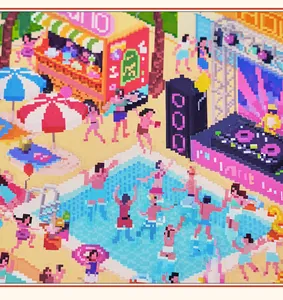 Macro detail of vibrant 8-bit pixel art beach scene sticker for creative scrapbooking