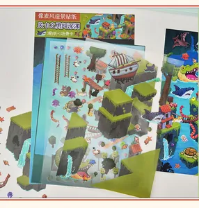 Detailed macro view of pixel art scenery stickers for journal and miniature DIY crafts