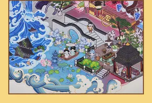 Close-up of oriental myth 3D scenery sticker featuring traditional waterfall and bridge