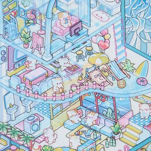 Cute 3D micro villa scenery PET sticker with cartoon bears and cats