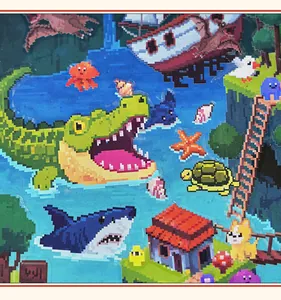 Macro view of 3D pixel art stickers featuring crocodile and shark for creative DIY scenery.
