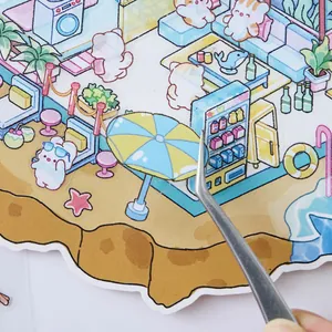 3D PET landscaping stickers featuring a cute vacation sea view room for journaling decor