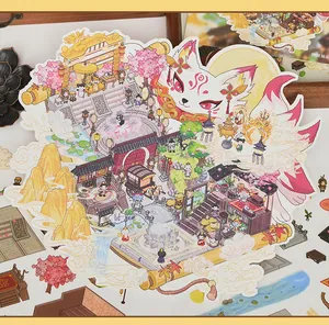 Close-up of Oriental mythological 3D sticker with nine-tailed fox and ancient Chinese pavilion