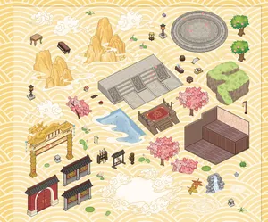 Oriental myth themed 3D scenery stickers featuring traditional architecture and nature elements.