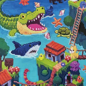 Pixel art scenery stickers featuring cute cartoon animals for scrapbooking decoration