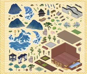 Oriental myth style 3D landscaping stickers featuring miniature pixel art elements.
