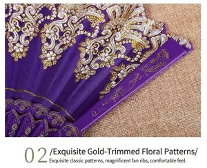 Close-up of purple folding fan with ornate gold lace patterns and decorative ribs.