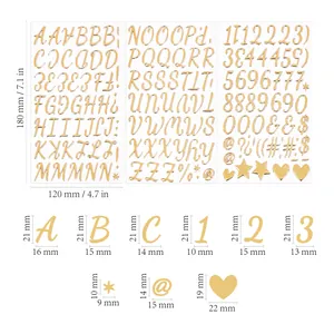 Detailed dimensions for gold 3D metallic alphabet and number stickers in mm and inches.