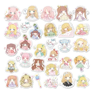 Close-up of cute chibi girl stickers with various kawaii anime character designs