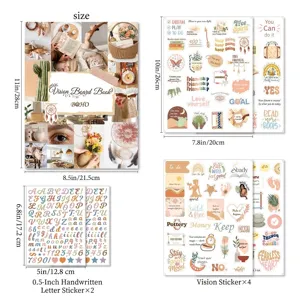 Vision board book and sticker set with detailed size dimensions in inches and cm