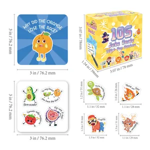 Dimensions of 105 lunch box joke cards and pun stickers for kids with cute illustrations