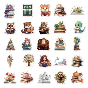 Varios lindos adhesivos de lectura de dibujos animados con animales, libros e ilustraciones