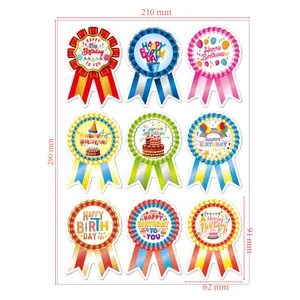 Happy Birthday Badge Stickers Colorful Rosette Ribbon Style Vinyl Waterproof Decorative Labels For Kids Birthday Party Supplies