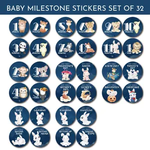 Detailed view of 32 colorful baby monthly milestone stickers with diverse cute animal designs