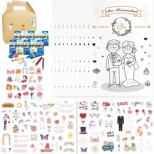 Juego completo de pegatinas de boda con hojas de actividades, caja de regalo y lápices.