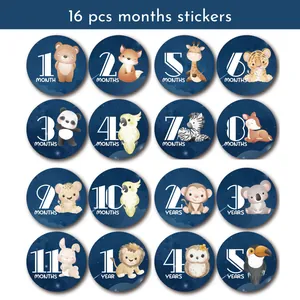 Set of 16 baby monthly milestone stickers with watercolor animal designs and years