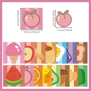 Detailed dimension diagram of various cute cartoon food-themed shaped sticky notes