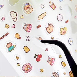 Cute capybara 3D embossed cartoon sticker sheet being peeled with black tweezers