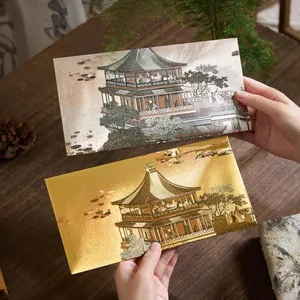 Elegant Chinese style envelopes with ancient pavilion artwork on textured paper.