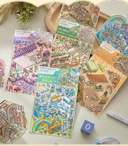 Detailed view of Zaomo landscape stickers featuring cute clinic and mall themes for DIY decor.