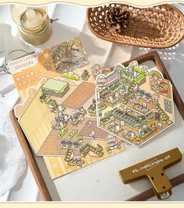 Detailed view of DIY buffet restaurant landscape sticker sheets on wooden tray