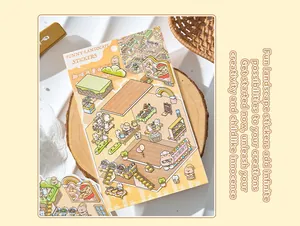 Detailed view of cartoon landscape stickers featuring cute bears and kitchen scenes on wood.