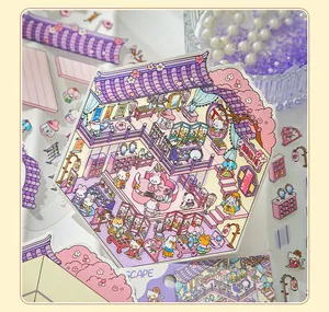 Detailed view of a colorful cat house scene sticker for DIY journaling and crafts