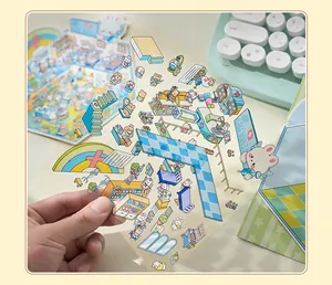 Detailed macro shot of transparent PET stickers featuring a cute cartoon clinic theme.