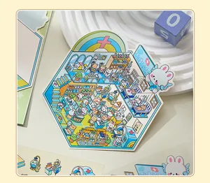 Close-up of cute cartoon hospital sticker with rabbit doctor characters.
