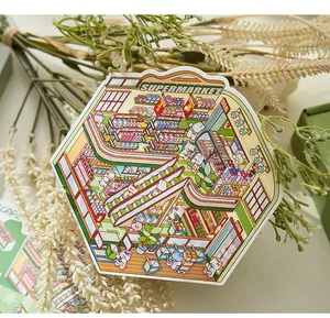 Close-up of DIY decorative sticker featuring a detailed cartoon supermarket illustration