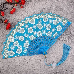 Chinese style folding fan blue floral hand fan with tassel elegant lace accessory for women.