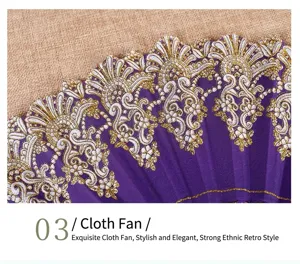 Close-up detail of a purple fabric folding fan with intricate gold lace pattern