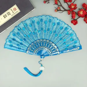 Abanico Plegable de Estilo Chino Bordado de Lentejuelas Plástico Hanfu Danza Abanico de Mano Con Borla Abanico Decorativo Vintage