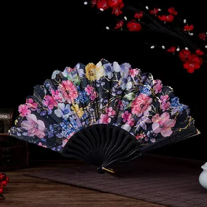 Chinese Style Folding Fan For Women Vintage Floral Print Fabric Hand Fan With Carved Plastic Bone For Dance Wedding Party Gift
